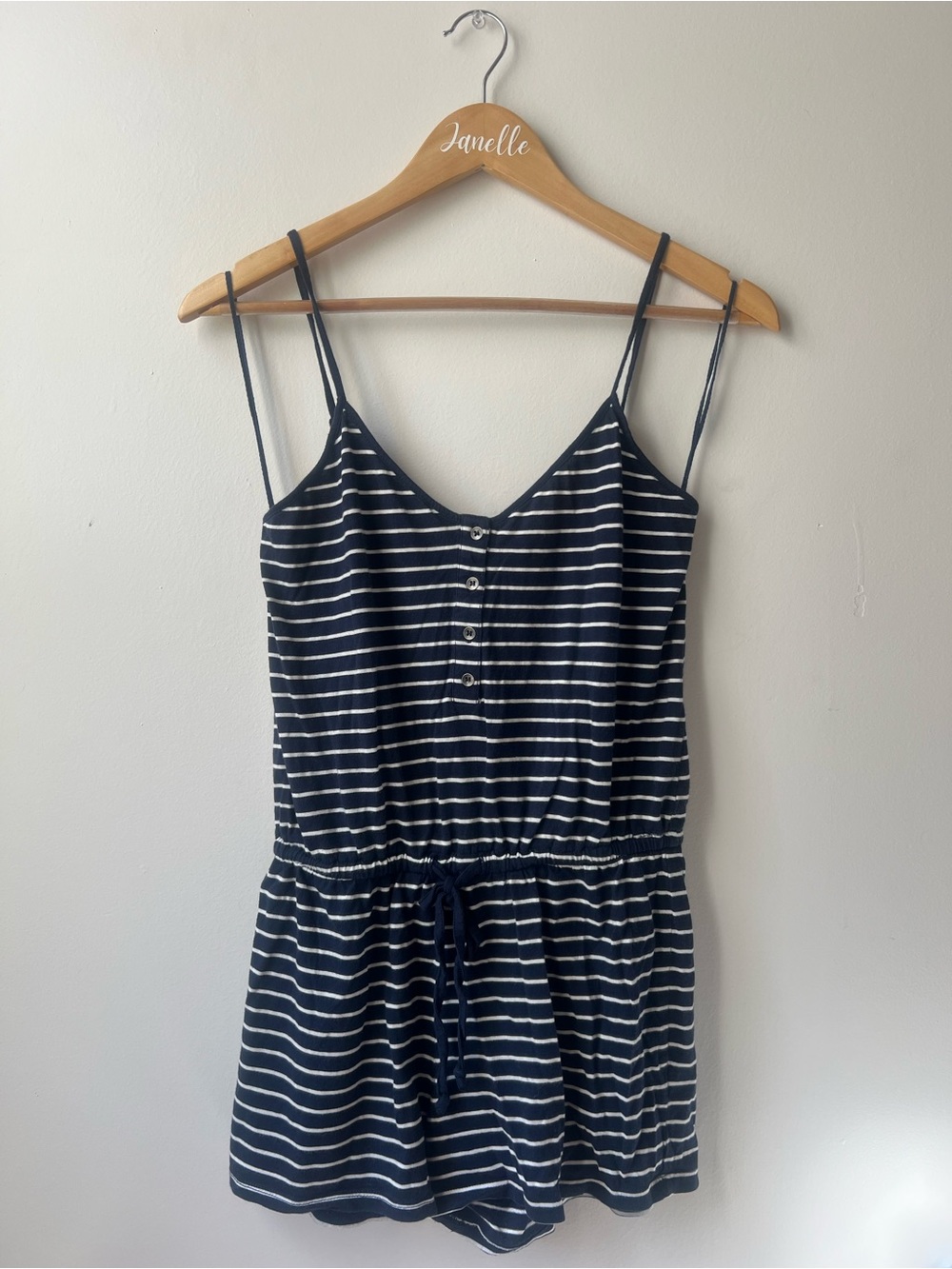Aeropostale Navy and White Striped Women’s Romper (MEASUREMENTS BELOW👇🏼)